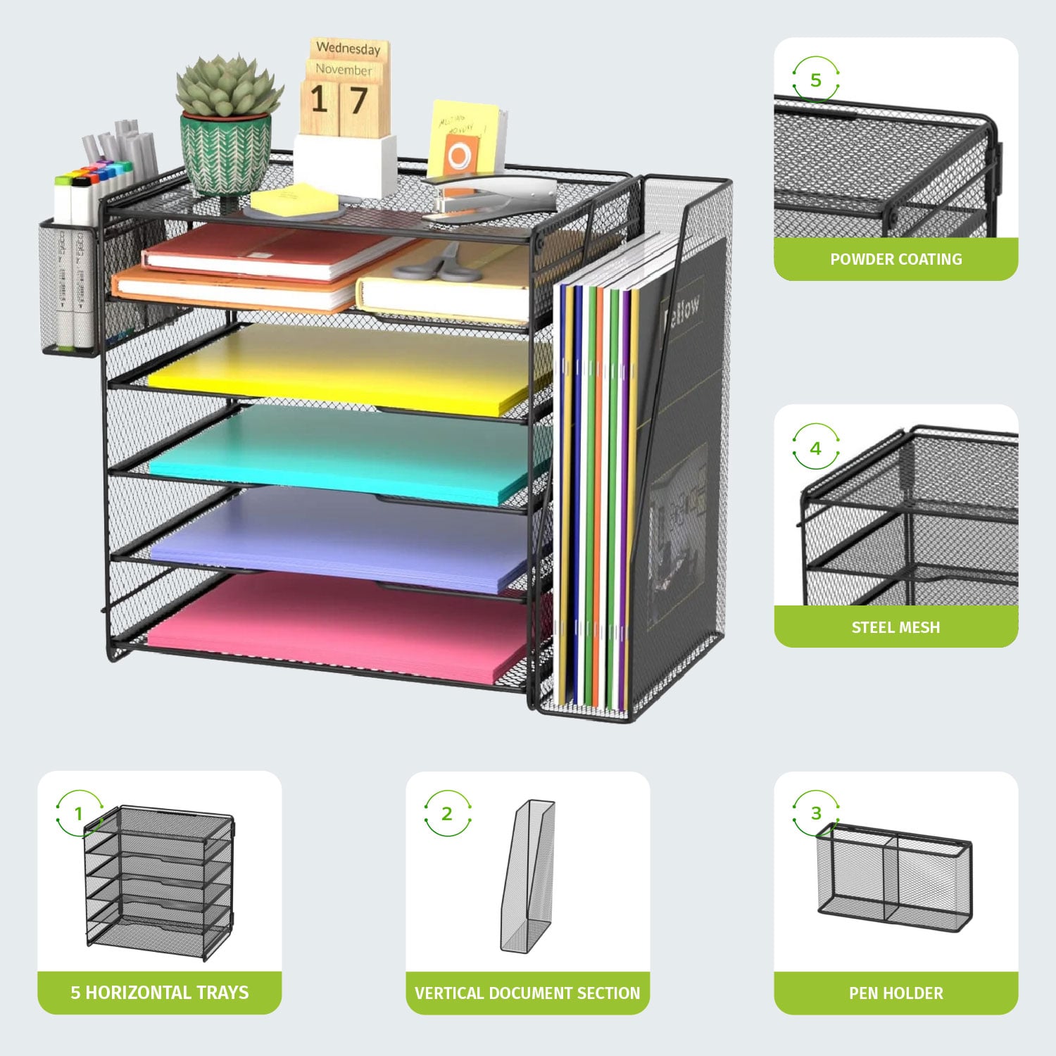 Organizer da Scrivania a 5 Vassoi Sezione Verticale e Portapenne - Techly I-FILE-HOLDER2