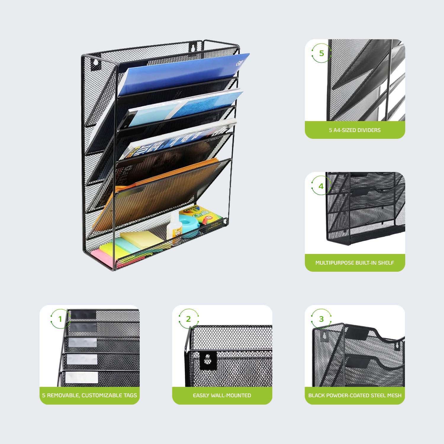 Portariviste a Parete a Cinque Divisori con Mensola - Techly I-FILE-HOLDER3