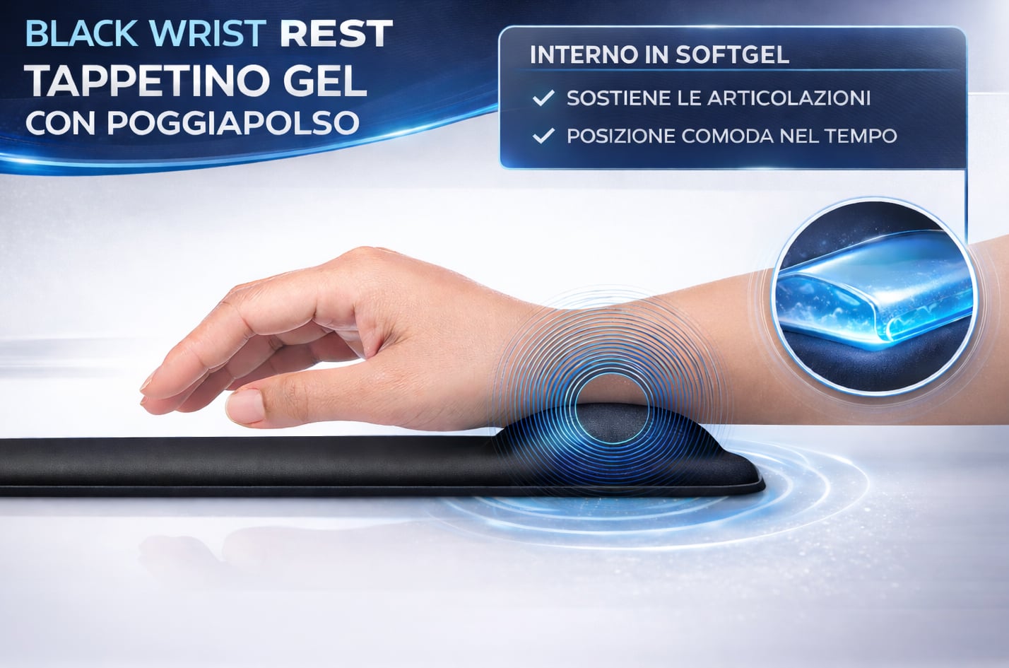 Tappetino con Cuscinetto Poggiapolso in Gel Nero - Manhattan I-GEL-MP-BK