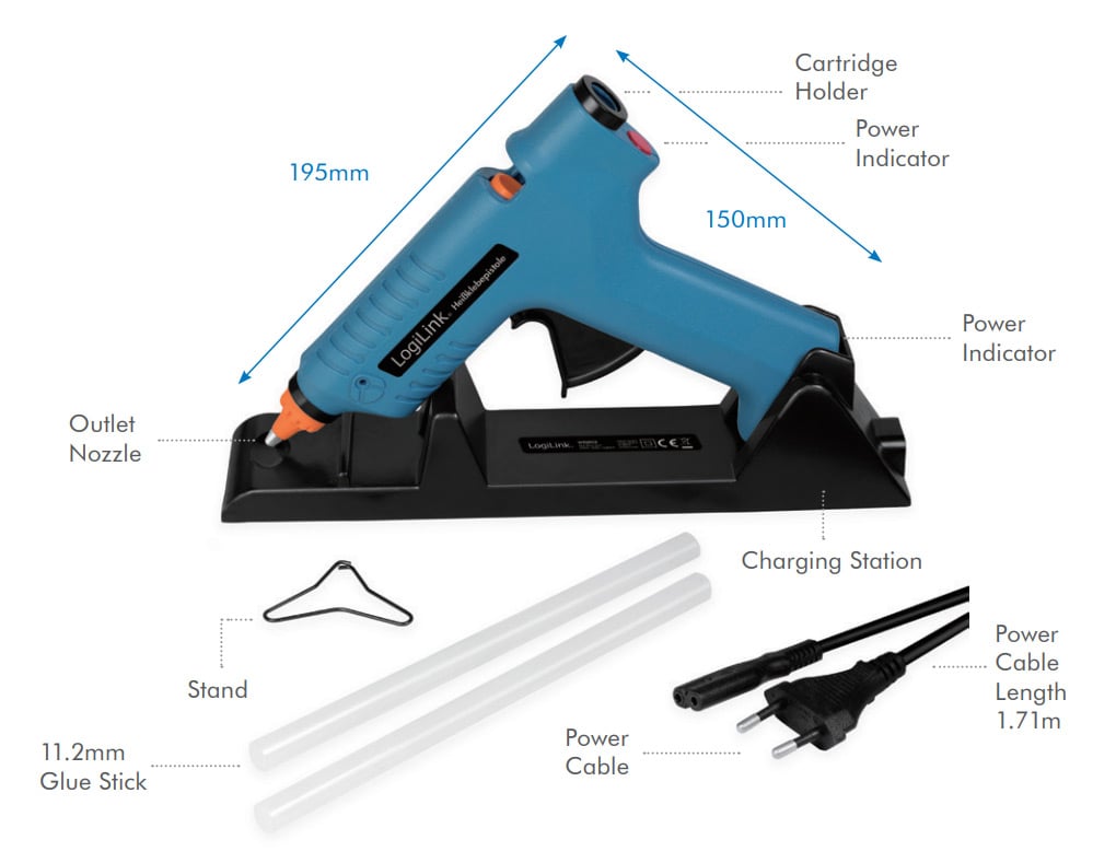 Pistola per Colla a Caldo Wireless, 80W, con supporto, blu - Logilink I-HK SS12L