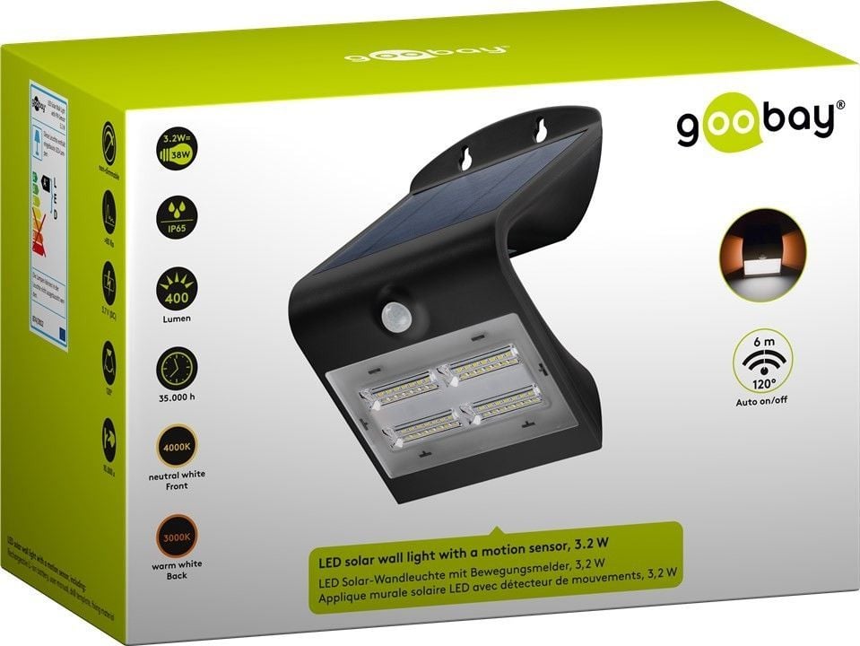 Lampada LED Solare a Muro 3,2W IP65 Sensore di Movimento Nero - Goobay I-HLED-OWL-32WB