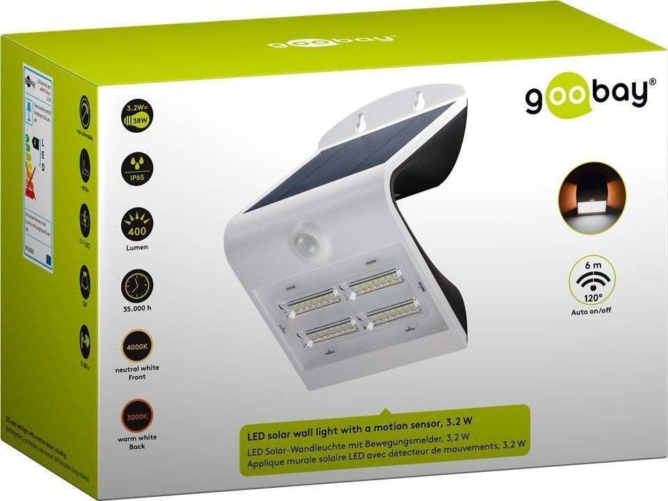 Lampada LED Solare a Muro 3,2W IP65 Sensore di Movimento Bianco - Goobay I-HLED-OWL-32WW