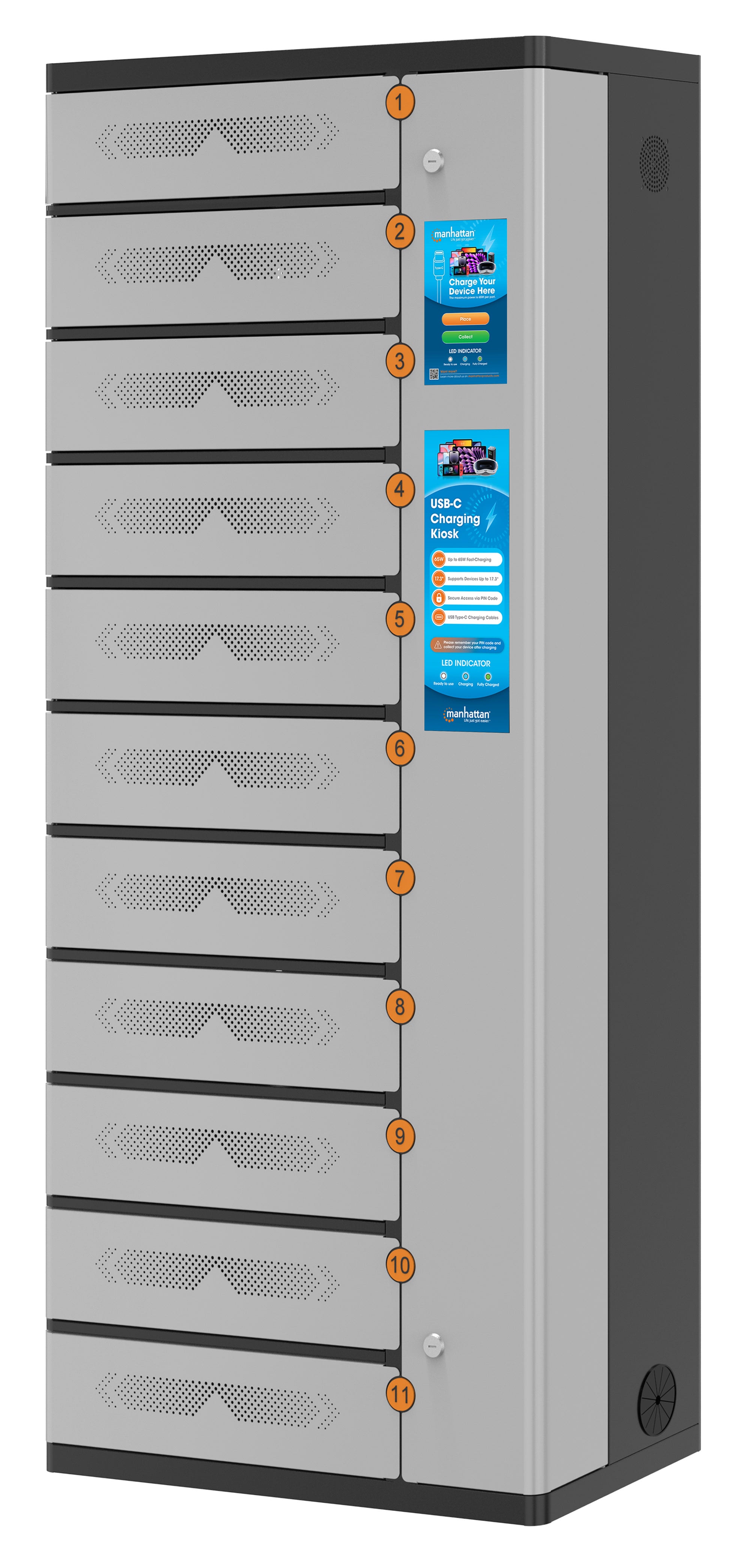 Armadio di Ricarica USB-C™ 11 Scomparti con Chiusura a PIN e Touchscreen 500W Grigio - Manhattan I-KIOSK-11USB-C