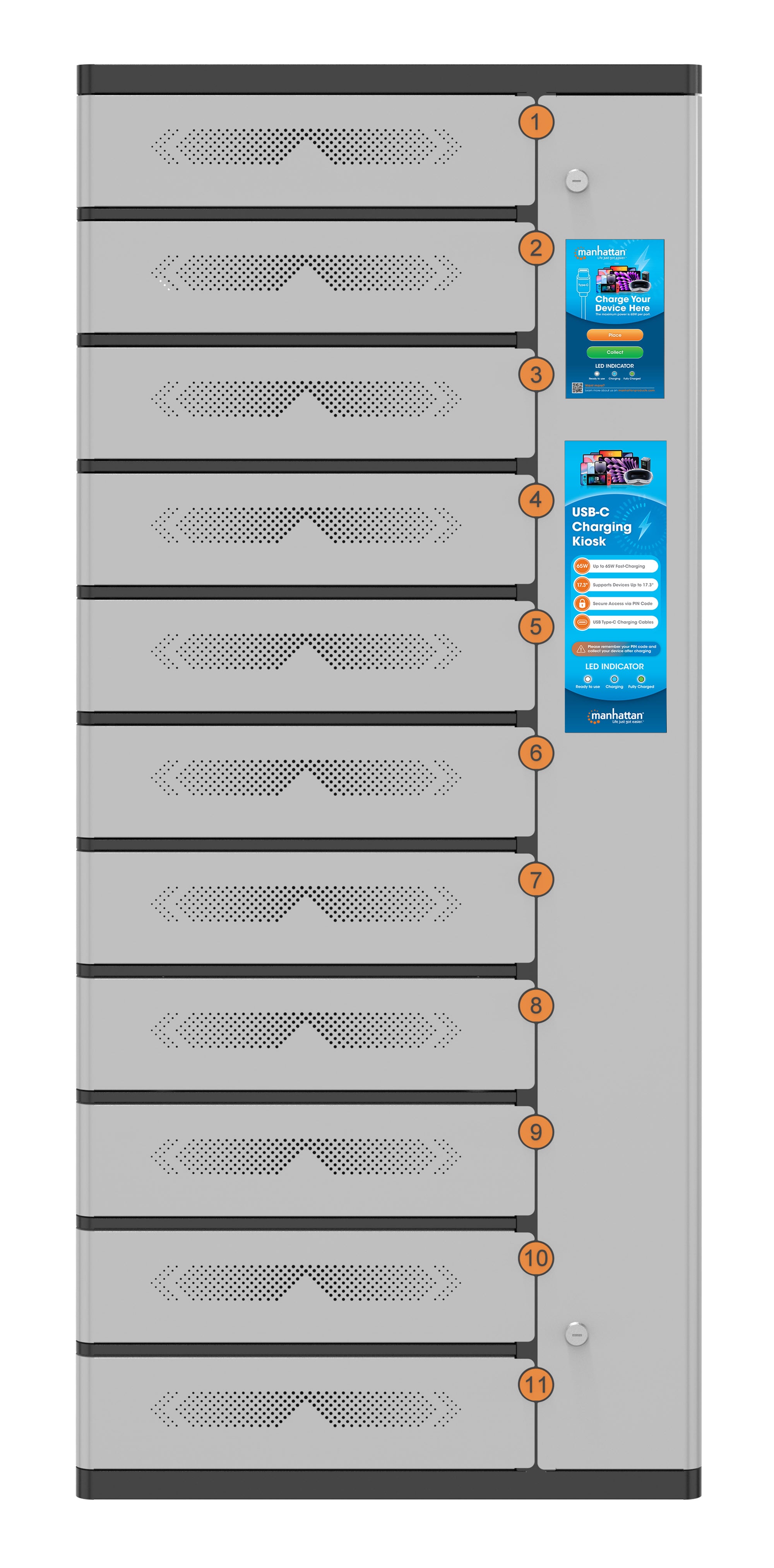 Armadio di Ricarica USB-C™ 11 Scomparti con Chiusura a PIN e Touchscreen 500W Grigio - Manhattan I-KIOSK-11USB-C