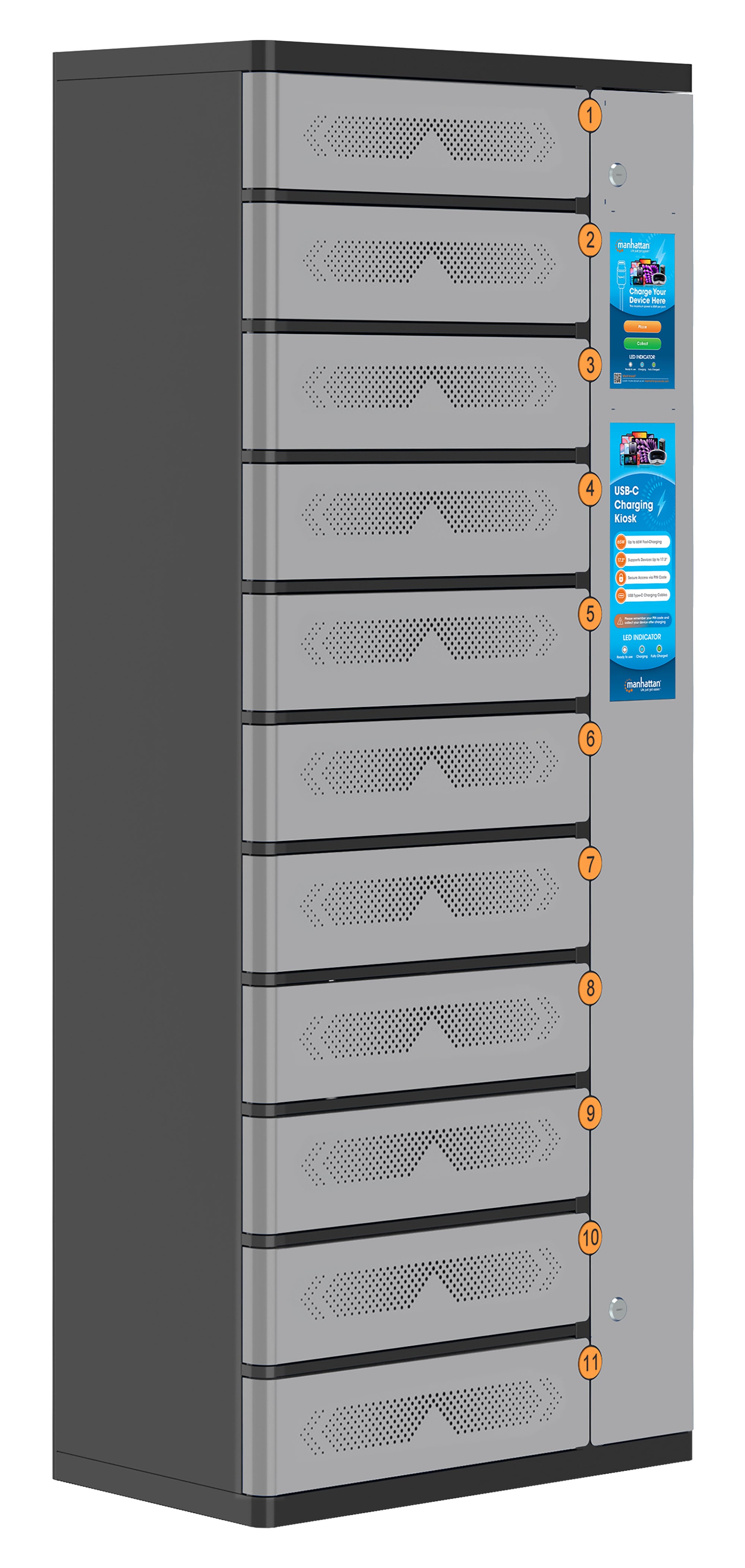 Armadio di Ricarica USB-C™ 11 Scomparti con Chiusura a PIN e Touchscreen 500W Grigio - Manhattan I-KIOSK-11USB-C