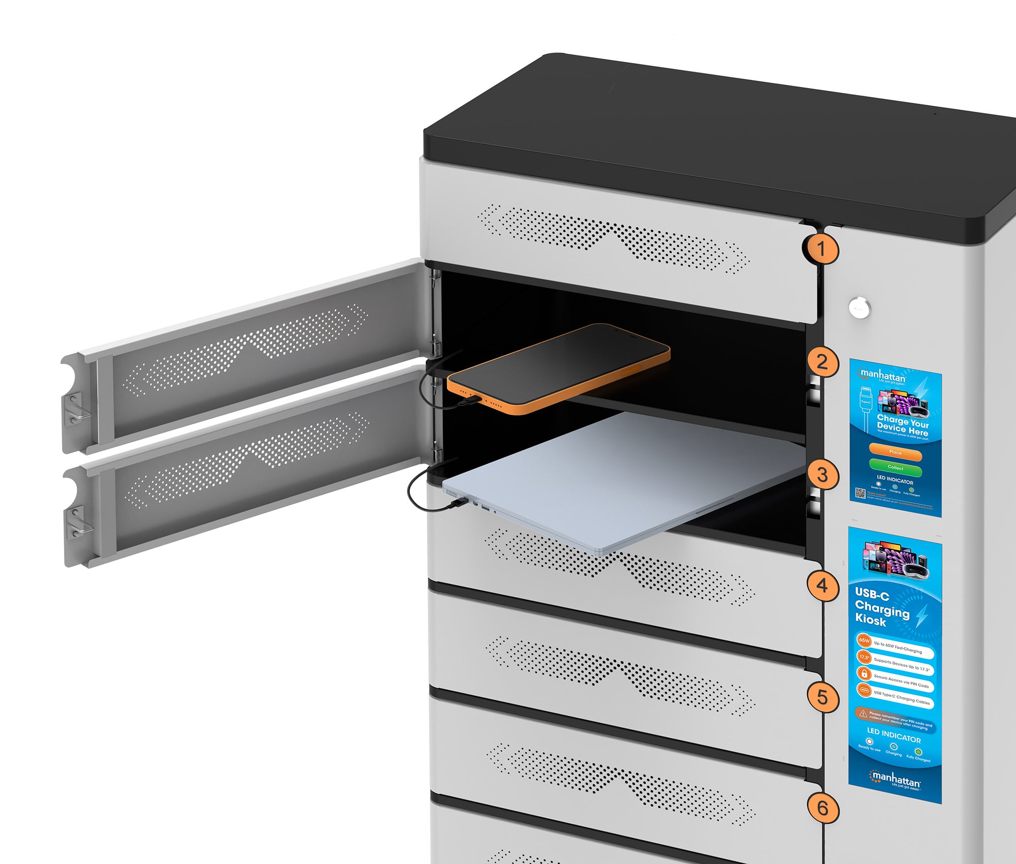 Armadio di Ricarica USB-C™ 16 Scomparti con Chiusura a PIN e Touchscreen 850W Grigio - Manhattan I-KIOSK-16USB-C