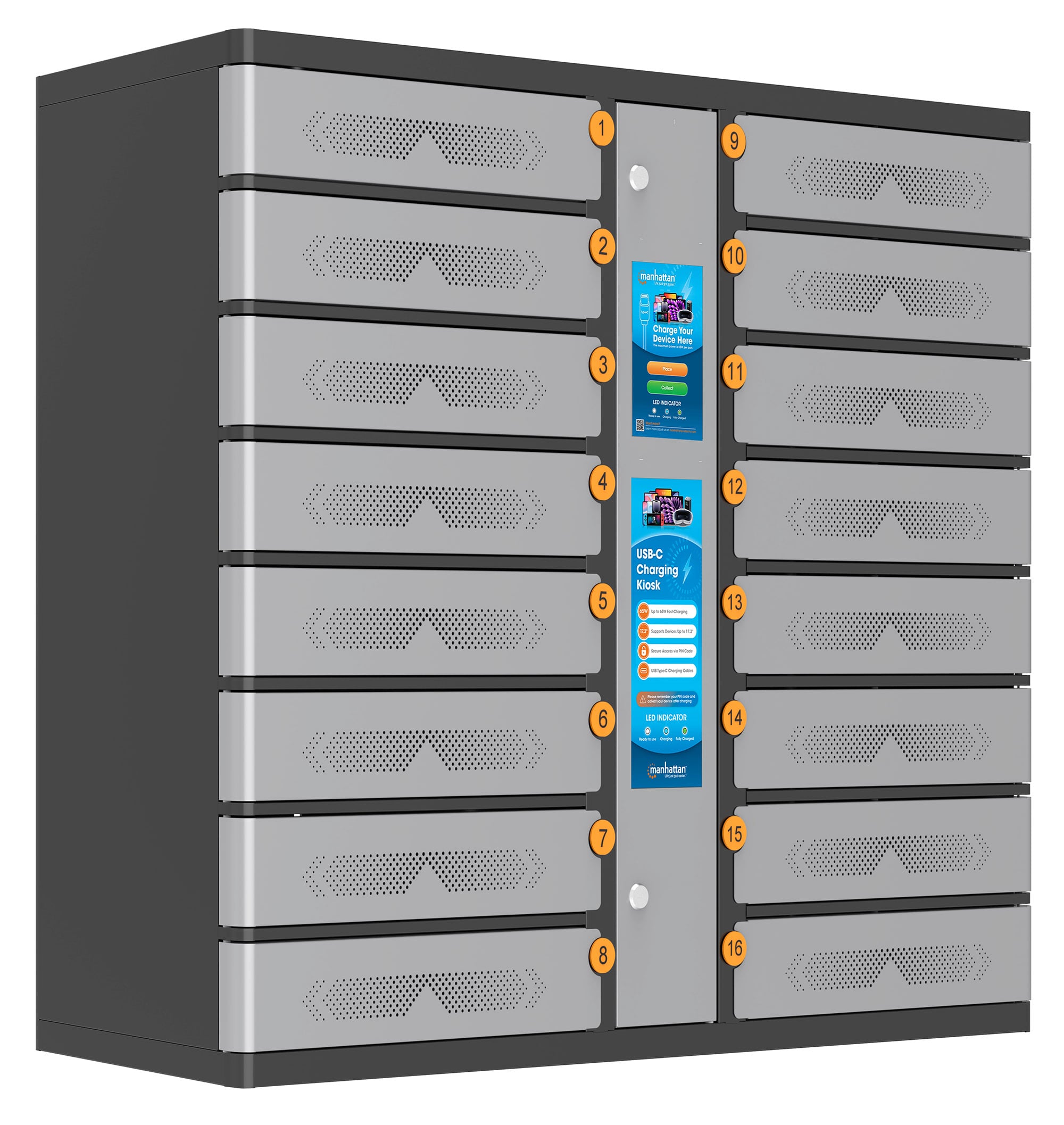 Armadio di Ricarica USB-C™ 16 Scomparti con Chiusura a PIN e Touchscreen 850W Grigio - Manhattan I-KIOSK-16USB-C