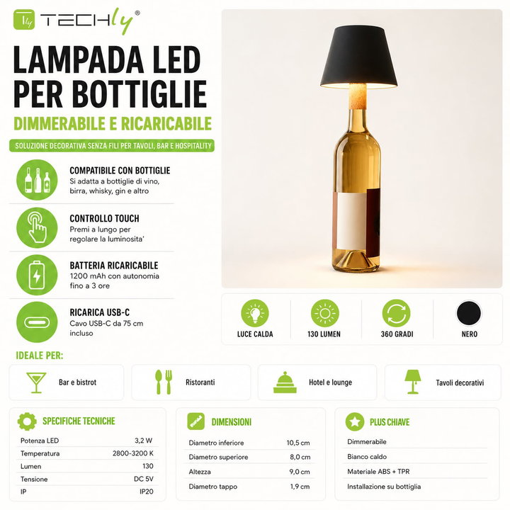 Lampada LED per Bottiglie Dimmerabile Ricaricabile USB-C - Techly I-LAMP-BOTTLE