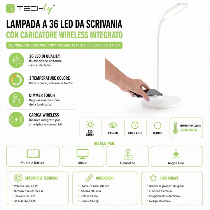 Lampada a 36 LED da Scrivania con Caricatore Wireless Integrato - Techly I-LAMP-DSK10