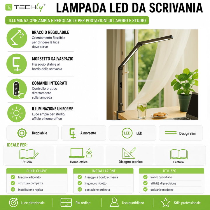 Lampada LED a Doppia Sorgente Luminosa con Braccio Regolabile e Attacco a Morsetto - Techly I-LAMP-DSK12