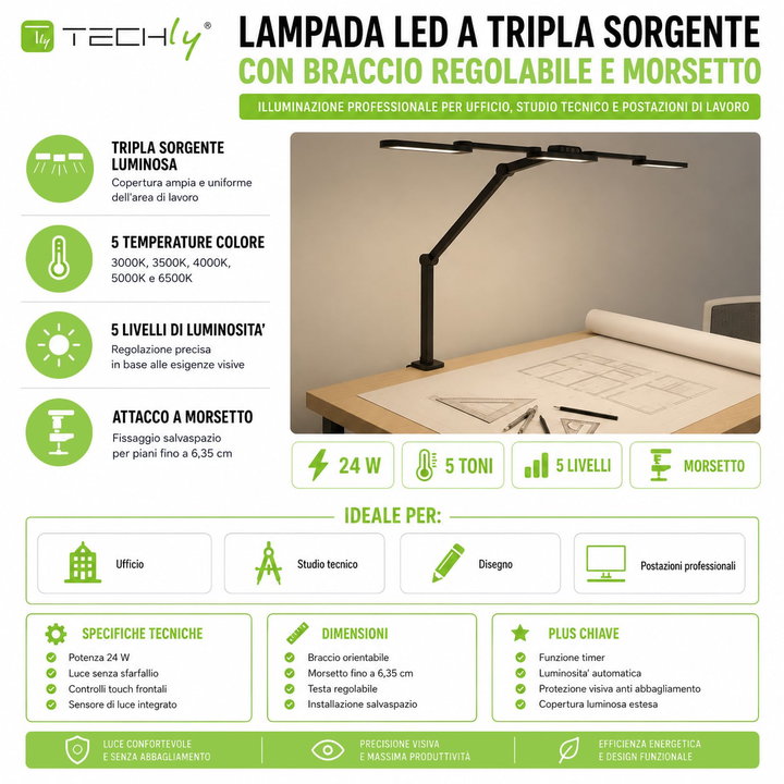 Lampada LED a Tripla Sorgente Luminosa con Braccio Regolabile e Attacco a Morsetto - Techly I-LAMP-DSK13