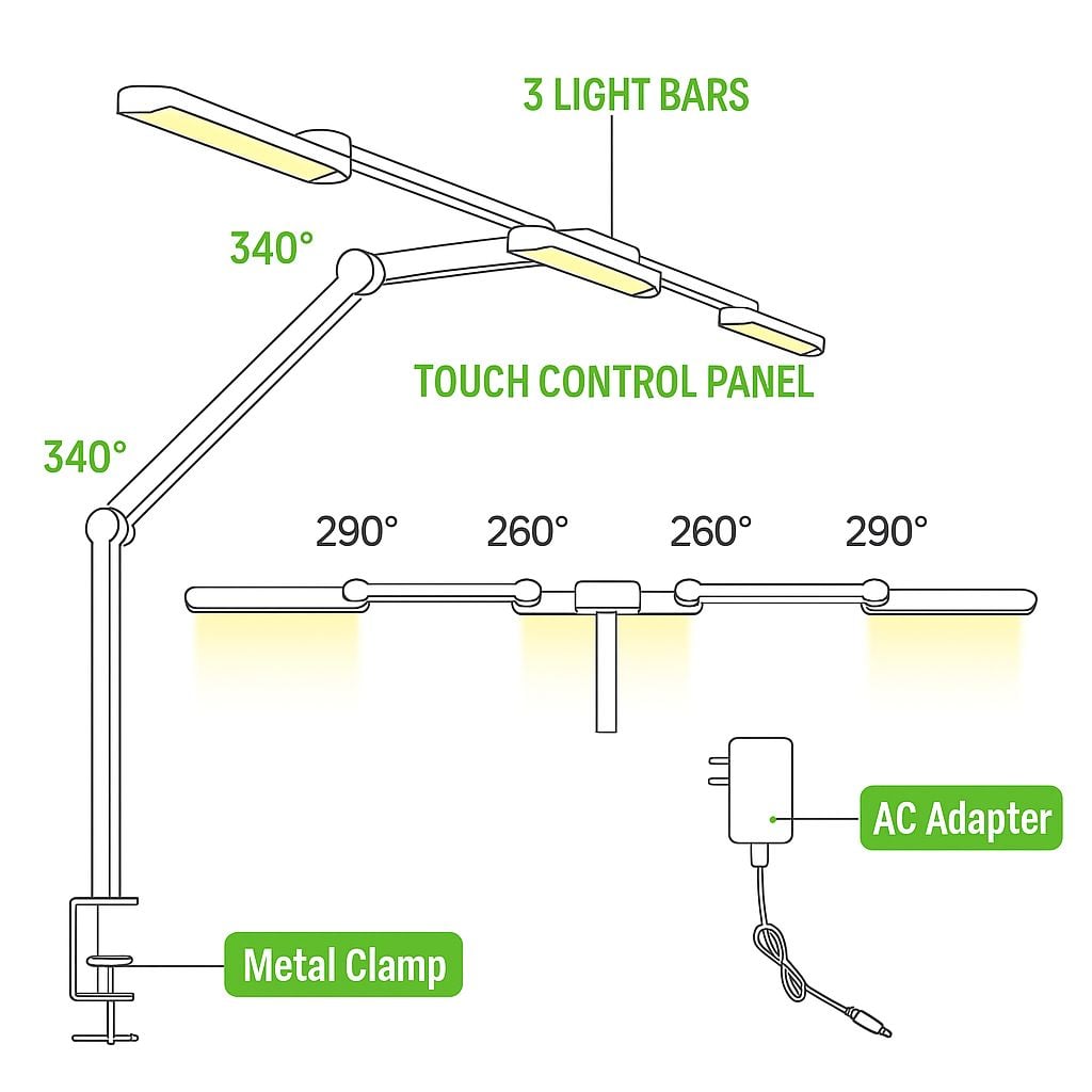 LED lamp Triple Source with Adjustable Arm and Clamp - Techly I-LAMP-DSK 13