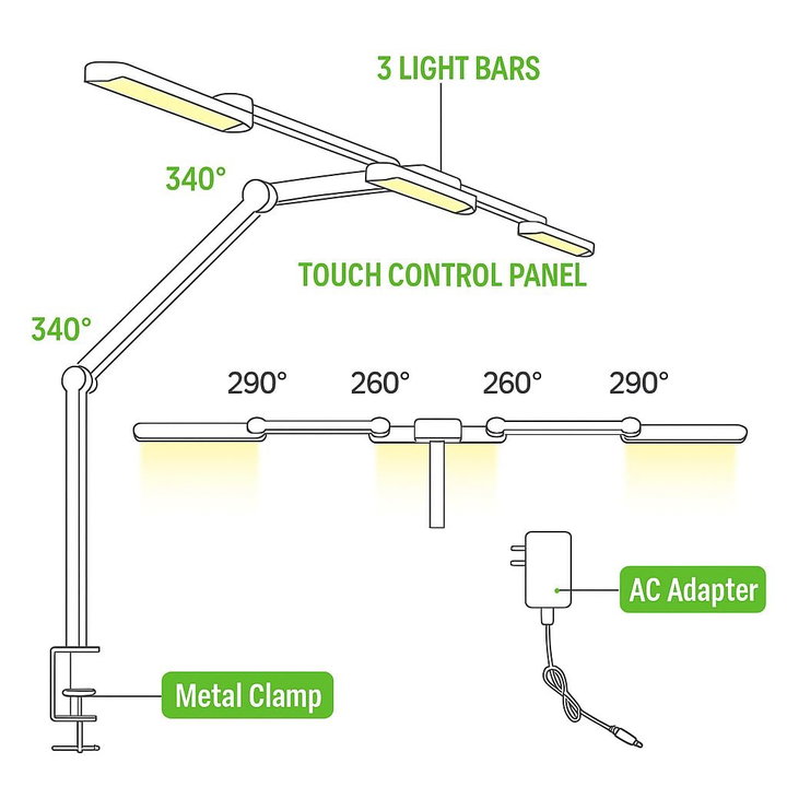 Lampada LED a Tripla Sorgente Luminosa con Braccio Regolabile e Attacco a Morsetto - Techly I-LAMP-DSK13