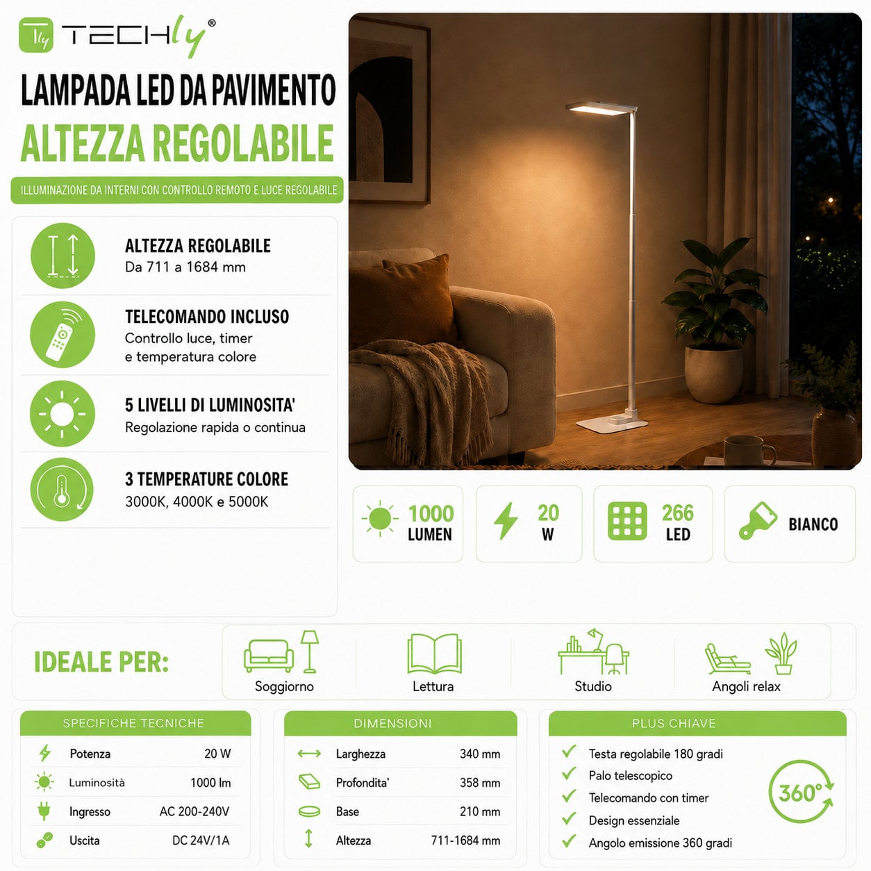 Lampada LED da Pavimento con Altezza Regolabile, Bianca - Techly I-LAMP-FLOOR