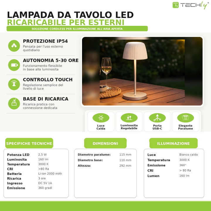 Lampada LED da Tavolo Esterna IP54 con Base Ricarica Bianca - Techly I-LAMP-TABLE4