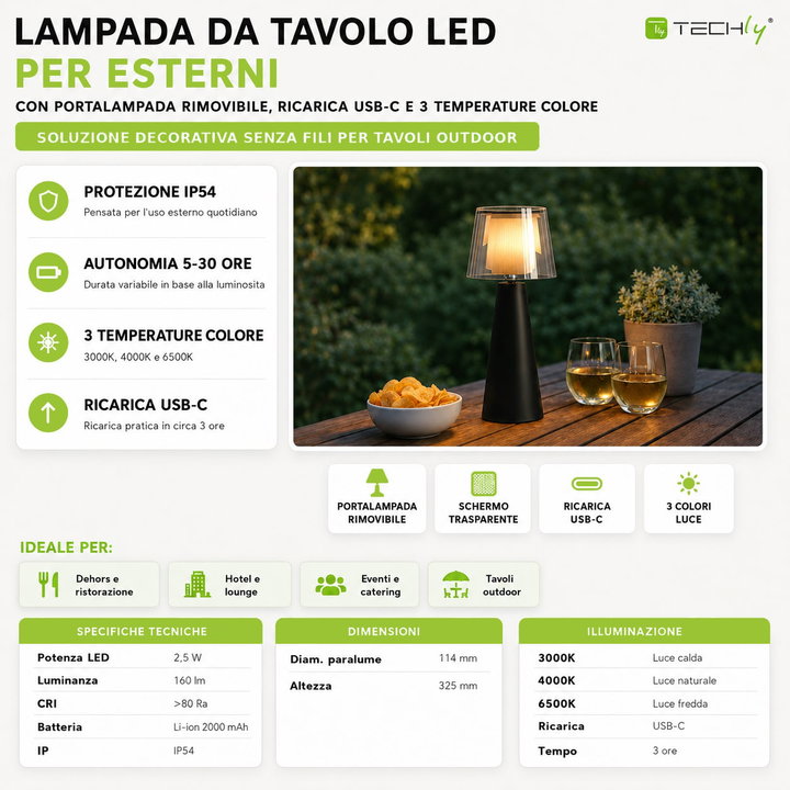 Lampada da Tavolo LED per Esterni con Portalampada Rimovibile, Nera e Trasparente - Techly I-LAMP-TABLE5