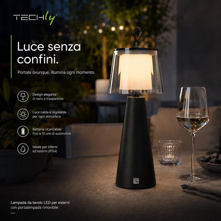 Lampada da Tavolo LED per Esterni con Portalampada Rimovibile, Nera e Trasparente - Techly I-LAMP-TABLE5
