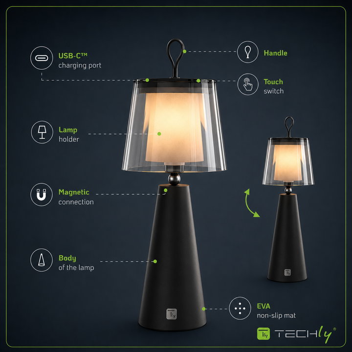 Lampada da Tavolo LED per Esterni con Portalampada Rimovibile, Nera e Trasparente - Techly I-LAMP-TABLE5
