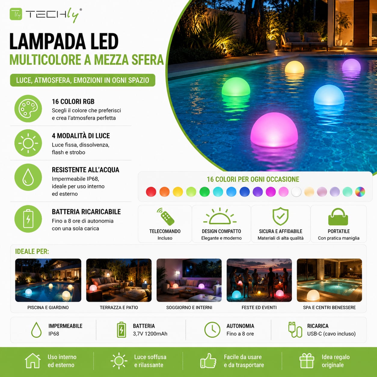 Multicolor LED Half Sphere Lamp - Techly I-LED HALFB