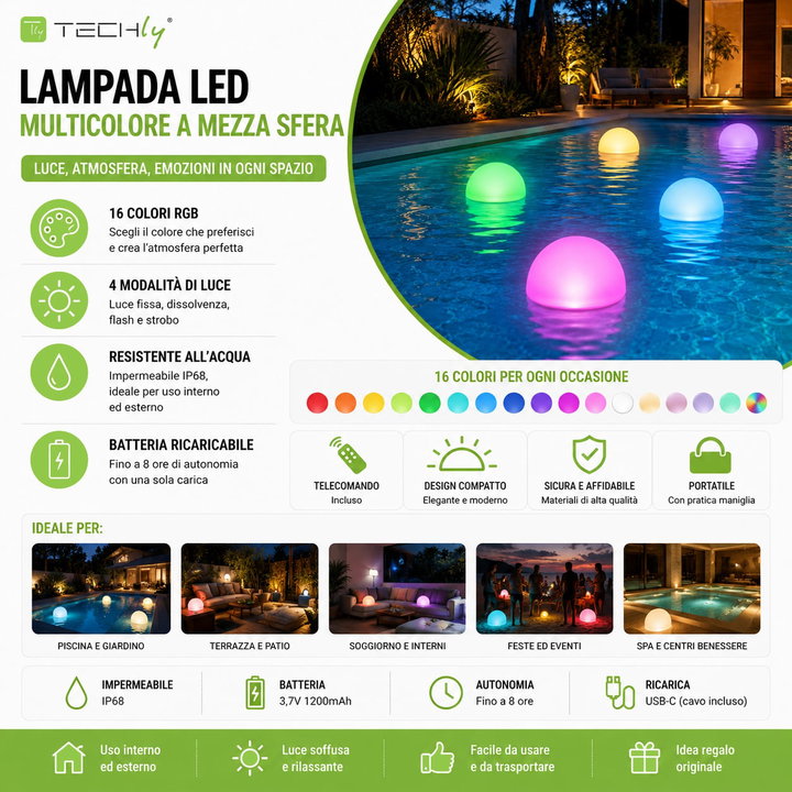 Lampada LED Multicolore a Mezza Sfera - Techly I-LED HALFB