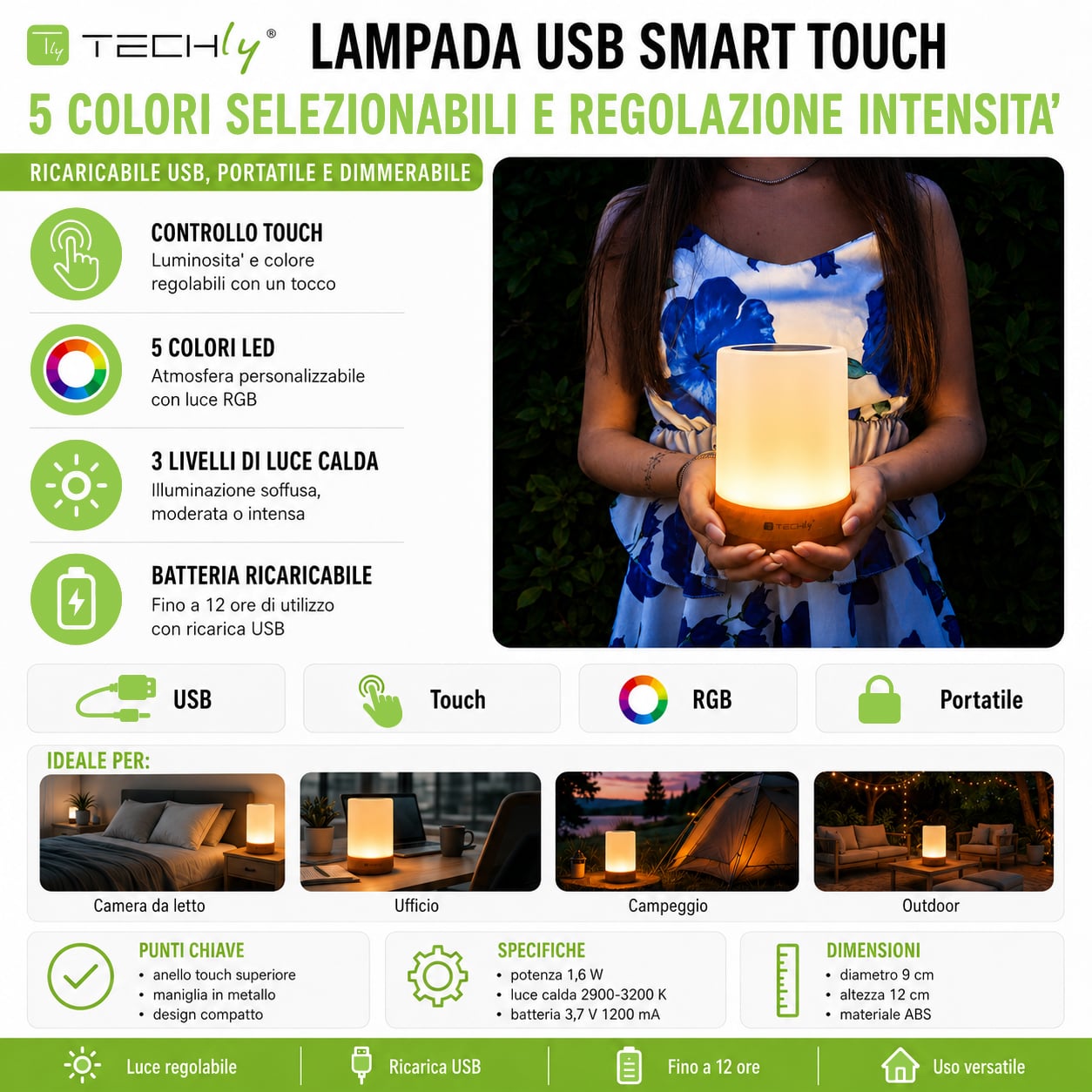 USB Smart Touch 5 Colours Intensity adjustment - Techly I-LED TOUCH