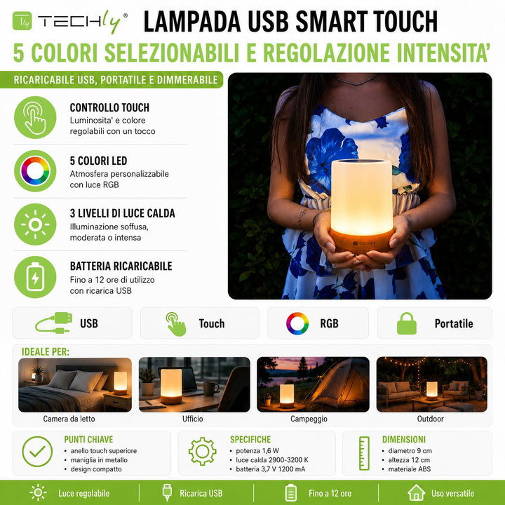 USB Smart Touch Lamp 5 Colors Intensity Adjustment - Techly I-LED TOUCH