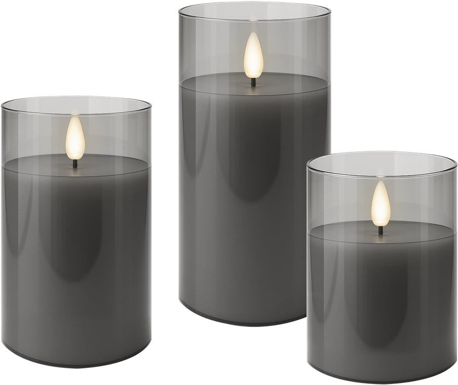 Set di 3 Candele a LED in Vera Cera in Vetro con Timer Grigio - Goobay I-LED-CANDLES3GR