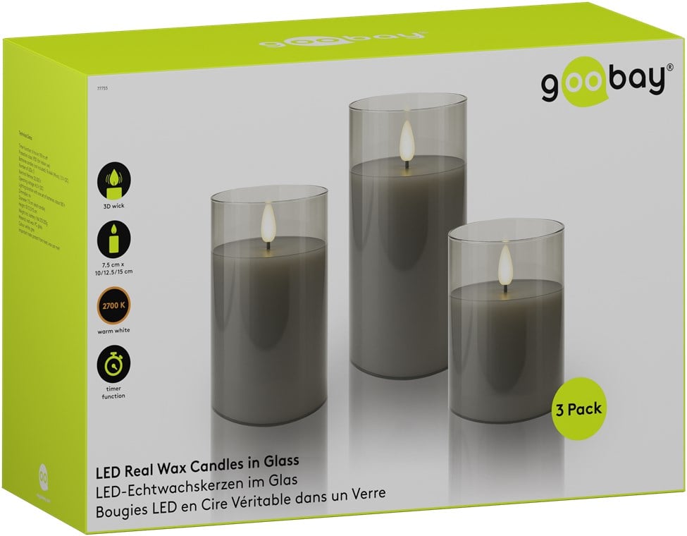 Set di 3 Candele a LED in Vera Cera in Vetro con Timer Grigio - Goobay I-LED-CANDLES3GR