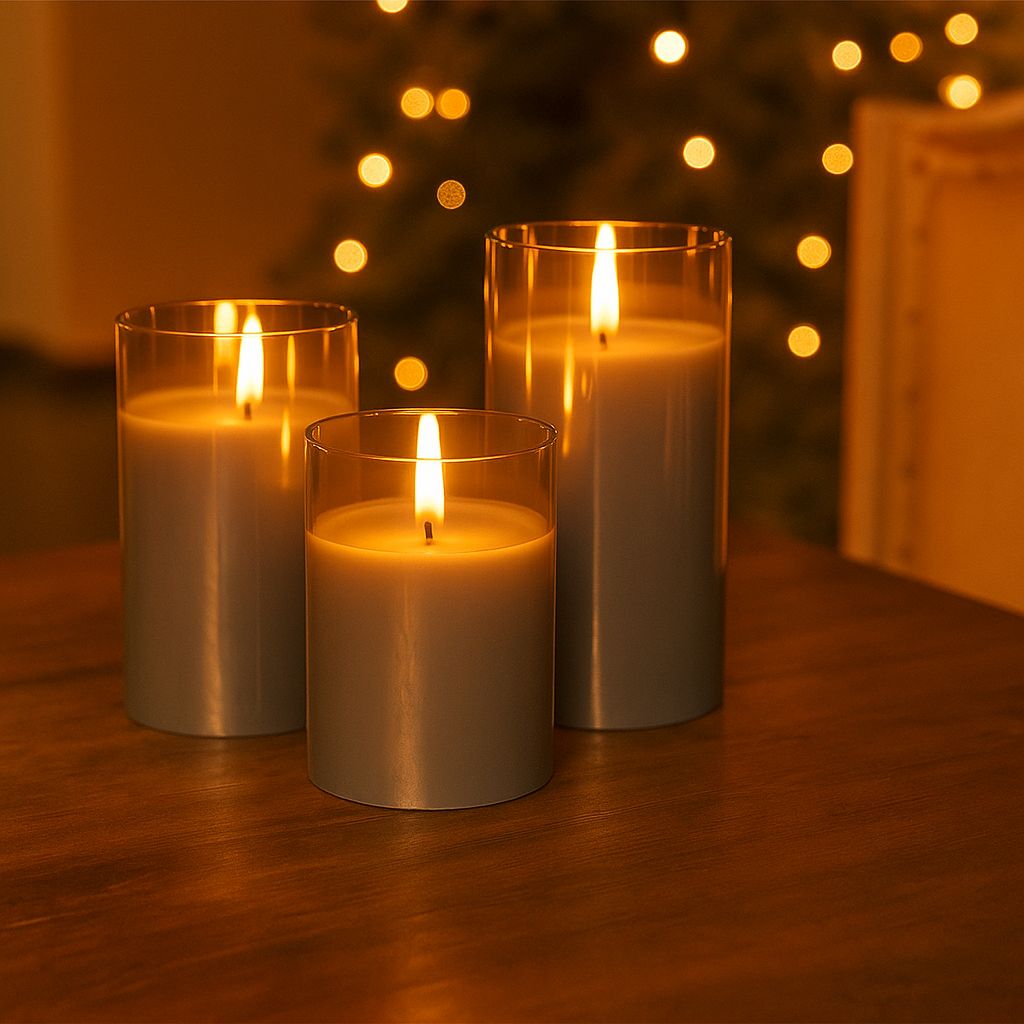Set di 3 Candele a LED in Vera Cera in Vetro con Timer Grigio - Goobay I-LED-CANDLES3GR