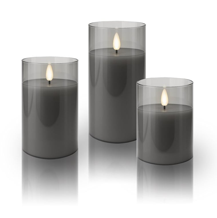 Set di 3 Candele a LED in Vera Cera in Vetro con Timer Grigio - Goobay I-LED-CANDLES3GR