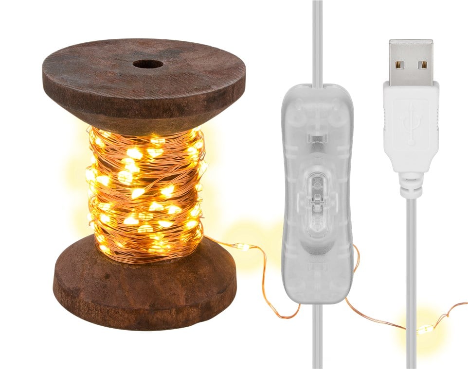 Bobina con Filo di Rame 100 Luci LED IP21 USB Interruttore On Off - Goobay I-LED-CHAIN100YARN