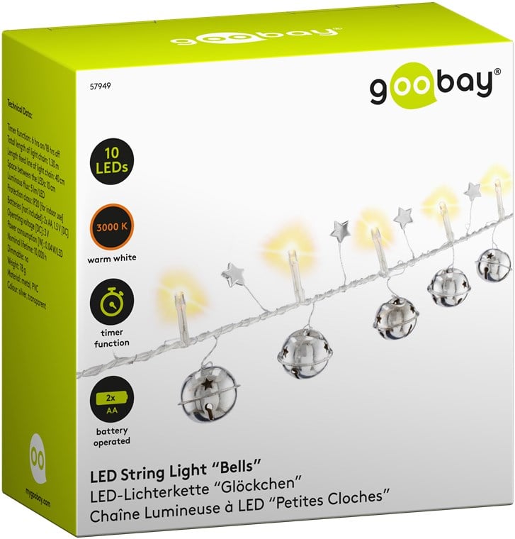 Stringa 10 LED Campanello IP20 Bianco Caldo a Batteria con Timer - Goobay I-LED-CHAIN10BELLS