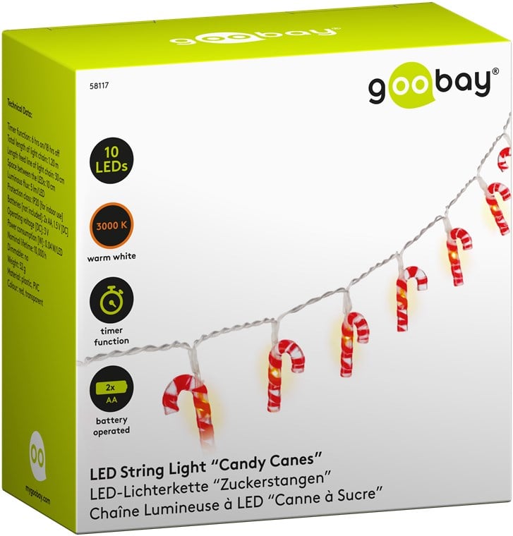Stringa 10 LED Lecca lecca Natalizio IP20 Bianco Caldo a Batteria con Timer - Goobay I-LED-CHAIN10CANDY