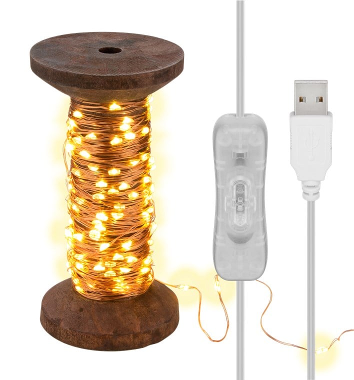 Bobina con Filo di Rame 150 Luci LED IP22 USB Interruttore On Off - Goobay I-LED-CHAIN150YARN