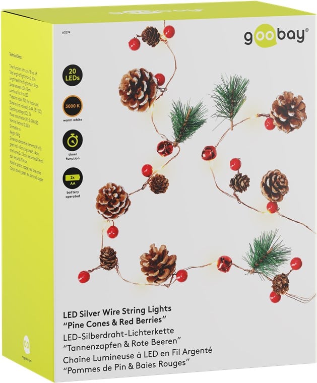 20 Luci LED in Filo d'argento Pigne e Bacche Rosse - Goobay I-LED-CHAIN20PINE