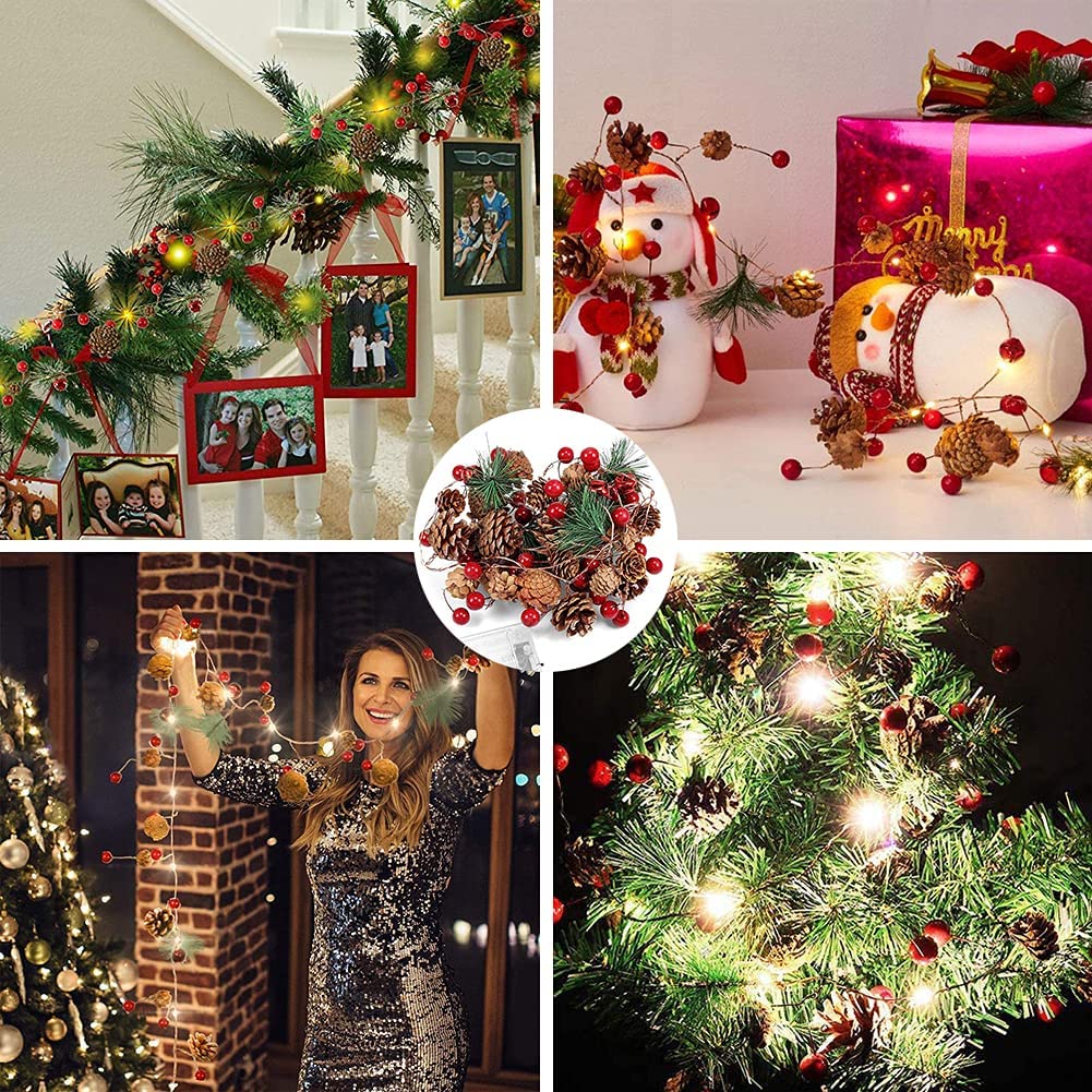20 Luci LED in Filo d'argento Pigne e Bacche Rosse - Goobay I-LED-CHAIN20PINE
