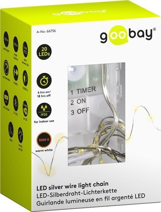 Luci Natalizie da Interno 20 LED a Filo Argentato con Timer A++ - Goobay I-LED-CHAIN20T