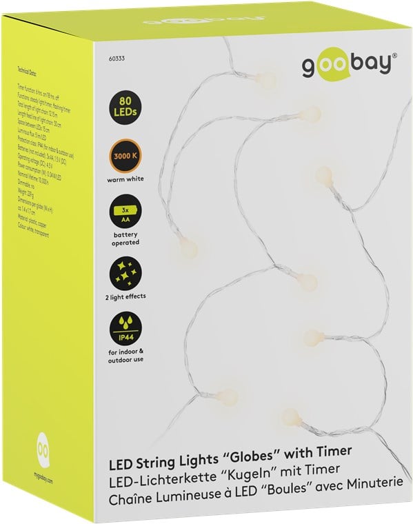 Stringa 80 LED Globo IP44 Bianco Caldo a Batteria con Timer - Goobay I-LED-CHAIN80GLOBES