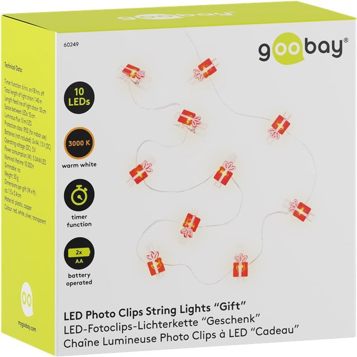 Stringa 10 LED con Clip Pacchetto Regalo per Appendere Foto IP20 con Timer - Goobay I-LED-CL-GIFT