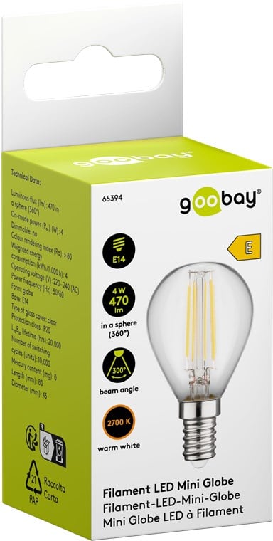 Lampadina Mini Globo E14 a Filamento Bianco Caldo 4W, Classe E - Goobay I-LED-E14-4WF