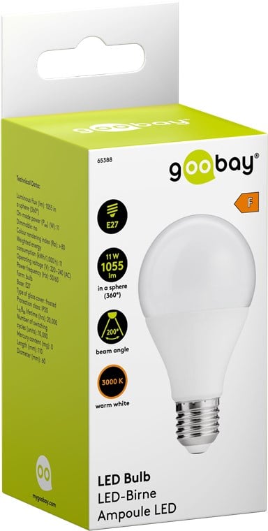 Lampadina E27 Bianco Caldo Satinato 11W, Classe F - Goobay I-LED-E27-11WF