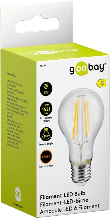 Lampadina LED E27 Bianco Caldo 11W Trasparente con Filamento, Classe D - Goobay I-LED-E27-11WFD