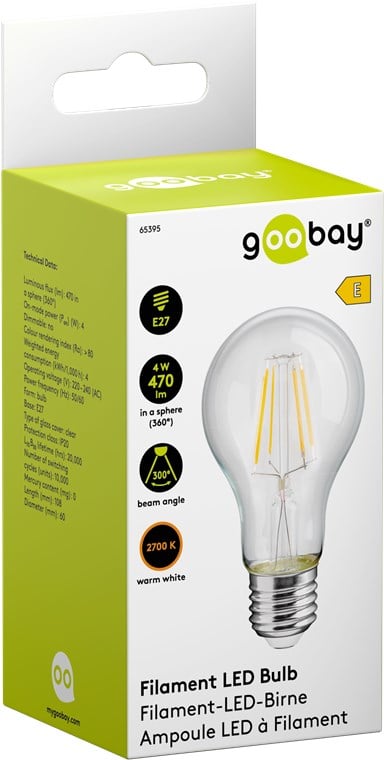 Lampadina LED E27 Bianco Caldo 4W con Filamento Classe E Trasparente - Goobay I-LED-E27-39WFGE