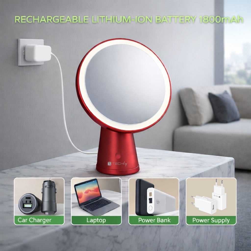 Specchio Retroilluminato 60 LED Dimmerabile Batteria Ricaricabile Alimentazione USB-C™ - Techly I-LED-MIRROR