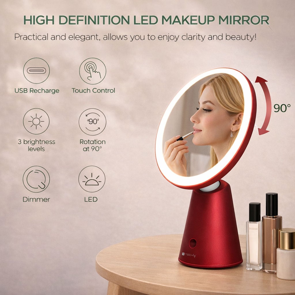 Specchio Retroilluminato 60 LED Dimmerabile Batteria Ricaricabile Alimentazione USB-C™ - Techly I-LED-MIRROR