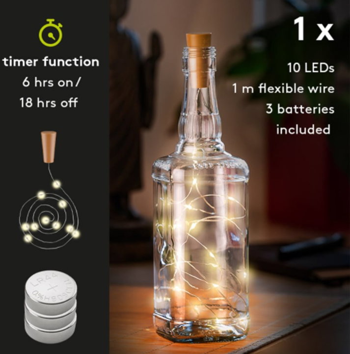 Strip LED 10 LED bianco caldo per bottiglia con timer - Goobay I-LED-STRIP-BOTTLE