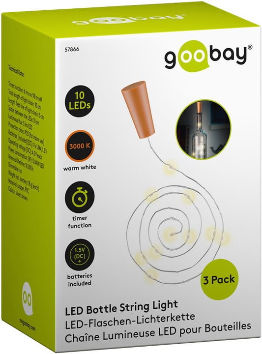 Confezione 3pz Catena Luminosa per Bottiglie 10 LED con Timer - Goobay I-LED-STRIP-BOTTLE3