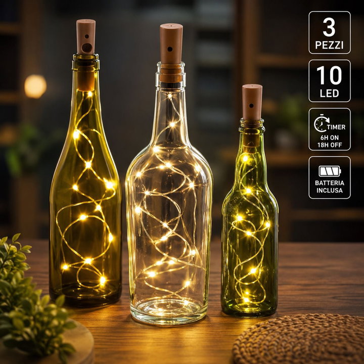 Confezione 3pz Catena Luminosa per Bottiglie 10 LED con Timer - Goobay I-LED-STRIP-BOTTLE3