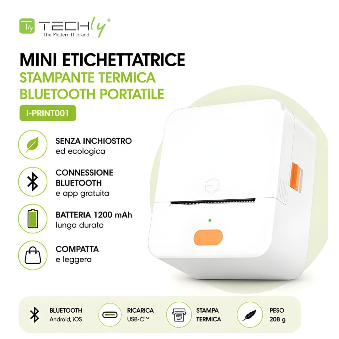 Mini Etichettatrice Stampante Termica Bluetooth Portatile Ricarica USB-C™ - Techly I-PRINT001