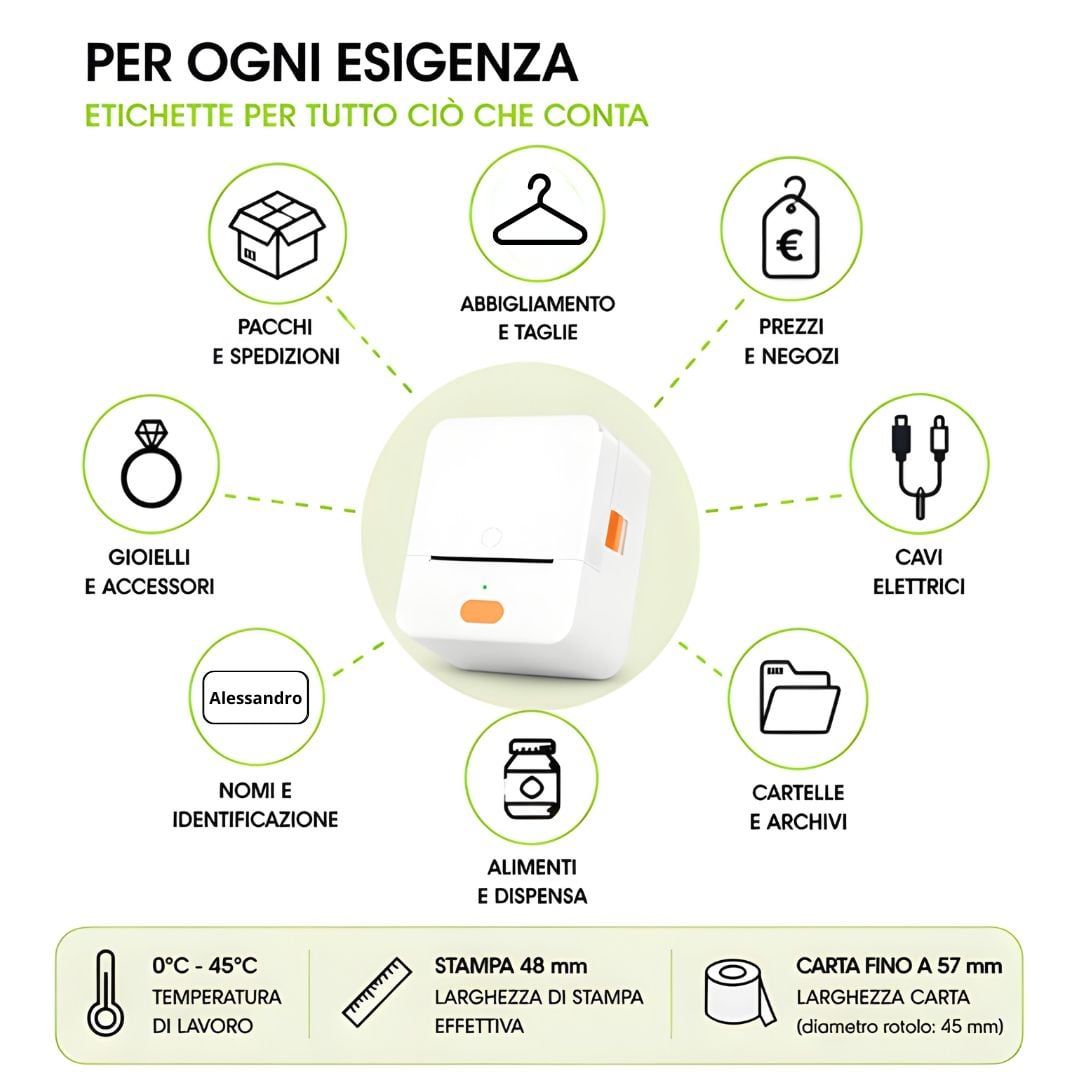 Mini Etichettatrice Stampante Termica Bluetooth Portatile Ricarica USB-C™ - Techly I-PRINT001